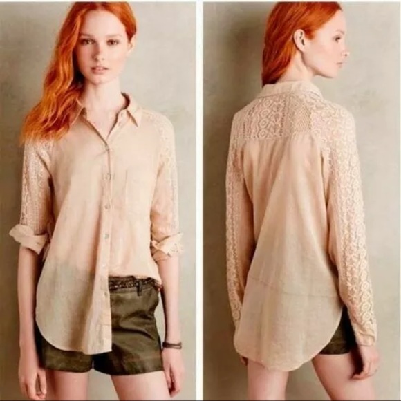 HOLDING HORSES Tops - Holding Horses Anthro Tan Lace Crochet Button Top